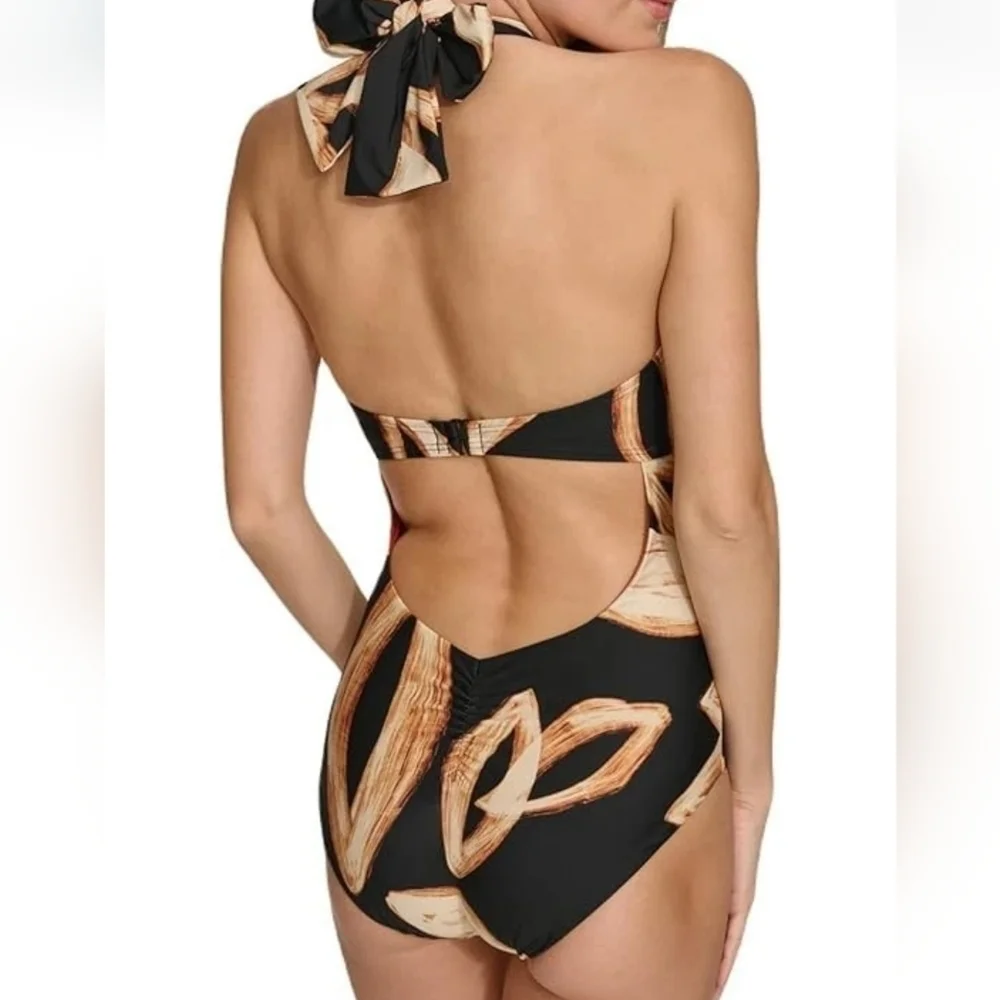 DKNY Black and Tan One Piece with Strappy Design, LARGE - Picture 2 of 7